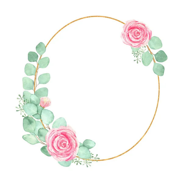 ピンクのバラ ユーカリの枝 白い背景に隔離された金の幾何学的要素を持つ水彩フレーム 招待状 結婚式のデザイン 昇華プリント パッケージ — ストック写真