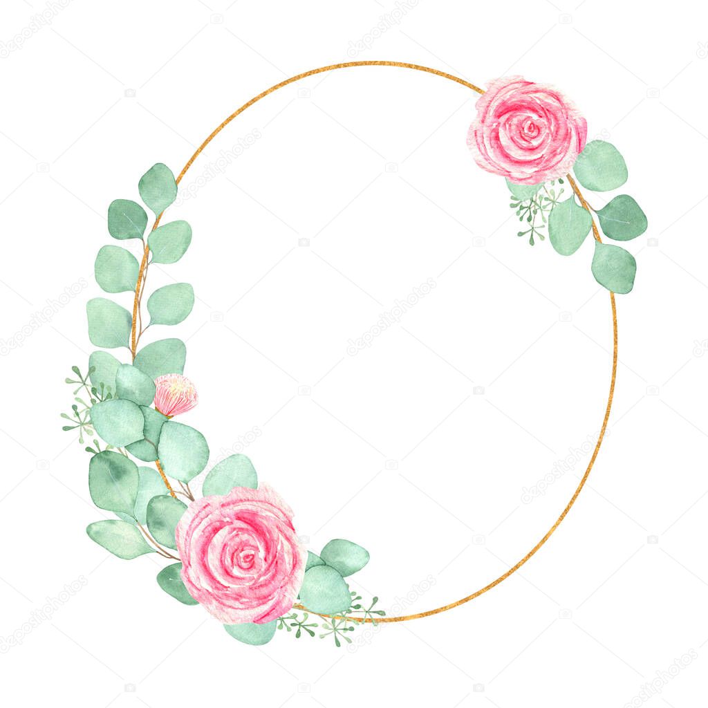 Watercolor frame with pink roses, eucalyptus branches and gold geometric elements, isolated on a white background. For invitations, wedding design, sublimation printing, packaging.