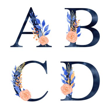 Donanma Mavi Alfabe Koleksiyonu mavi ve turuncu yapraklar ve gül kompozisyonu ile suluboya. Düğün davetiyeleri, bebek partisi, süblimleşme tasarımı, doğum günü, diğer konsept fikirler.