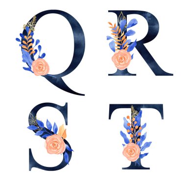 Donanma Mavi Alfabe Koleksiyonu mavi ve turuncu yapraklar ve gül kompozisyonu ile suluboya. Düğün davetiyeleri, bebek partisi, süblimleşme tasarımı, doğum günü, diğer konsept fikirler.