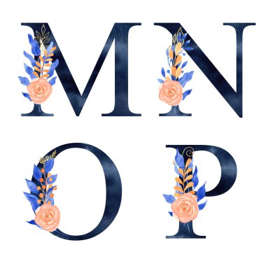 Donanma Mavi Alfabe Koleksiyonu mavi ve turuncu yapraklar ve gül kompozisyonu ile suluboya. Düğün davetiyeleri, bebek partisi, süblimleşme tasarımı, doğum günü, diğer konsept fikirler.