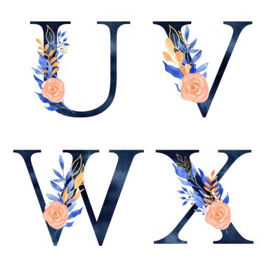 Donanma Mavi Alfabe Koleksiyonu mavi ve turuncu yapraklar ve gül kompozisyonu ile suluboya. Düğün davetiyeleri, bebek partisi, süblimleşme tasarımı, doğum günü, diğer konsept fikirler.