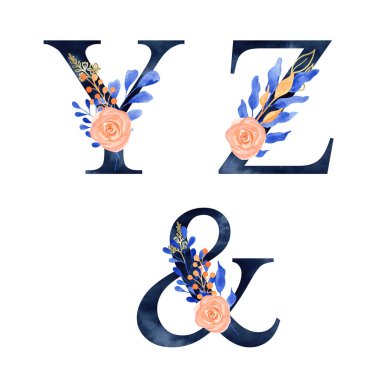 Donanma Mavi Alfabe Koleksiyonu mavi ve turuncu yapraklar ve gül kompozisyonu ile suluboya. Düğün davetiyeleri, bebek partisi, süblimleşme tasarımı, doğum günü, diğer konsept fikirler.