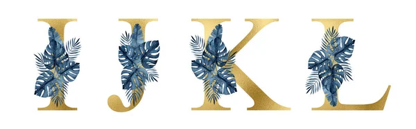 Aquarela Ouro Floral Alphabet Set Coleção Com Azul Marinho Folhas Imagens Royalty-Free