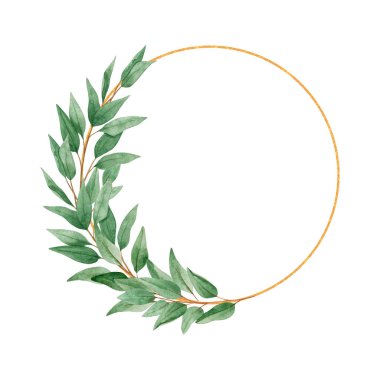 Elle çizilmiş beyaz arka planda izole edilmiş geometrik altın elementle suluboya okaliptüs çelengi. Düğün davetiyesi, tekstil, tebrik kartı, süblimleşme tasarımı, paketleme.