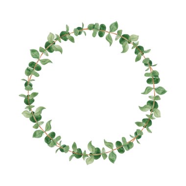 Suluboya okaliptüs çelengi beyaz arka planda, elle çizilmiş. Düğün davetiyesi, tekstil, tebrik kartı, süblimleşme tasarımı, paketleme.