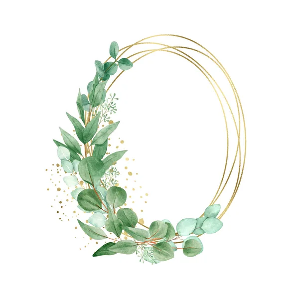 Watercolor Eucalyptus Wreath Geometric Gold Element Isolated White Background Hand — Zdjęcie stockowe