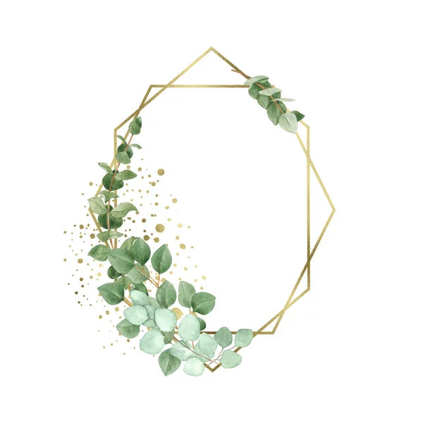 Watercolor Eucalyptus Wreath Geometric Gold Element Isolated White Background Hand — Zdjęcie stockowe