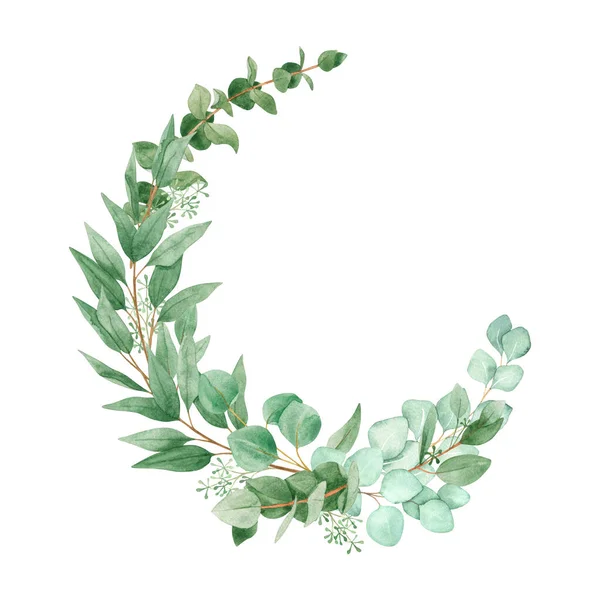 Aquarell Eukalyptuskranz Isoliert Auf Weißem Hintergrund Handgezeichnet Für Hochzeitseinladungen Textilien — Stockfoto