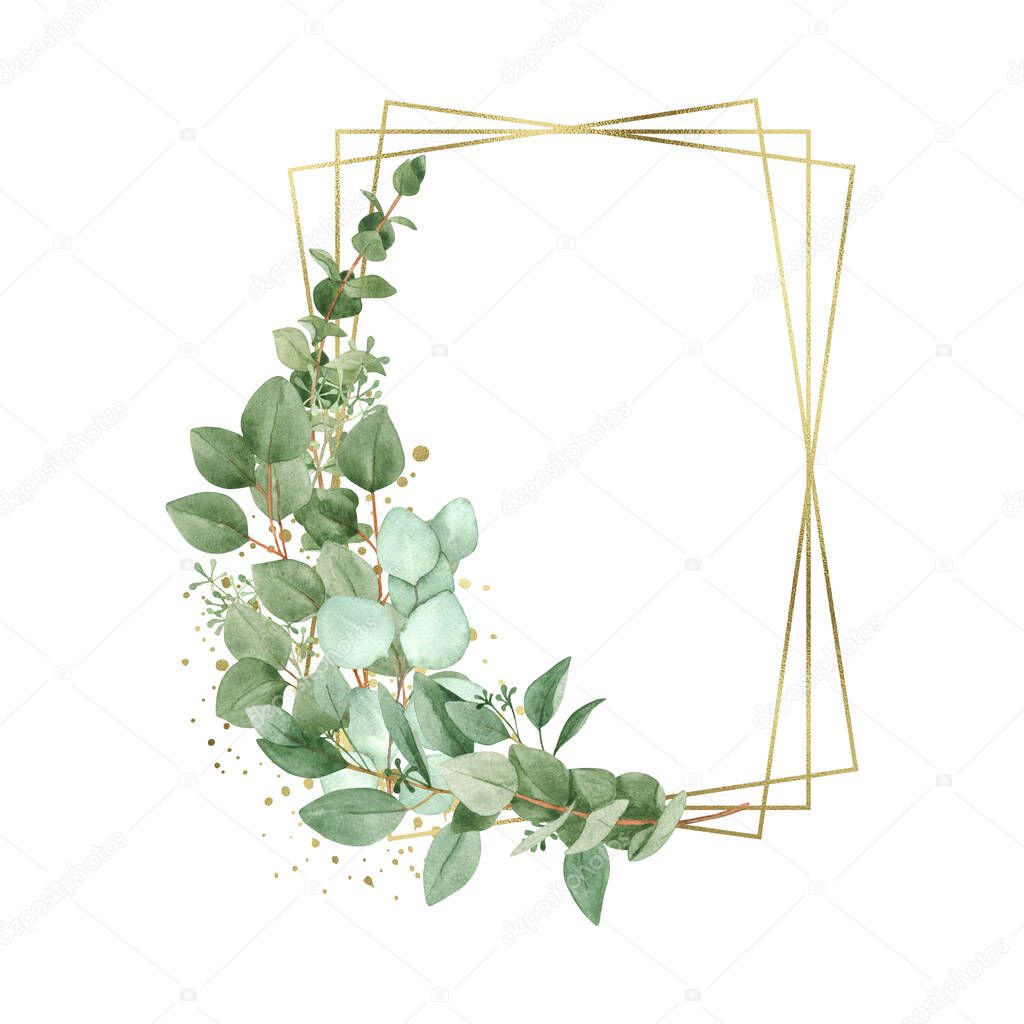 Watercolor eucalyptus wreath with geometric gold element isolated on a white background, hand-drawn. For wedding invitation, textile, greeting card, sublimation design, wrapping.