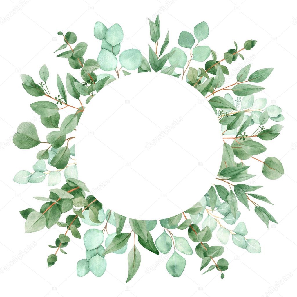 Watercolor frame with foliage eucalyptus branches isolated on a white background, hand-drawn. For wedding invitation, textile, greeting card, sublimation design, wrapping.