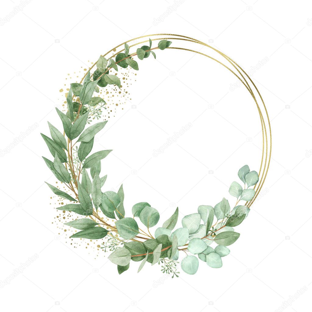 Watercolor eucalyptus wreath with geometric gold element isolated on a white background, hand-drawn. For wedding invitation, textile, greeting card, sublimation design, wrapping.