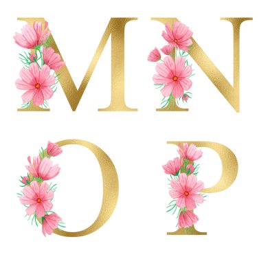 Yaz pembe çiçekleriyle suluboya Altın Çiçek Alfabesi. Çiçek Parıltısı harfleri. Düğün davetiyeleri, bebek partisi, süblimleşme tasarımı, doğum günü, diğer konsept fikirler.