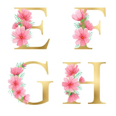 Yaz pembe çiçekleriyle suluboya Altın Çiçek Alfabesi. Çiçek Parıltısı harfleri. Düğün davetiyeleri, bebek partisi, süblimleşme tasarımı, doğum günü, diğer konsept fikirler.