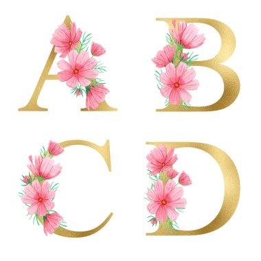 Yaz pembe çiçekleriyle suluboya Altın Çiçek Alfabesi. Çiçek Parıltısı harfleri. Düğün davetiyeleri, bebek partisi, süblimleşme tasarımı, doğum günü, diğer konsept fikirler.