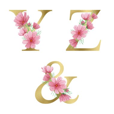 Yaz pembe çiçekleriyle suluboya Altın Çiçek Alfabesi. Çiçek Parıltısı harfleri. Düğün davetiyeleri, bebek partisi, süblimleşme tasarımı, doğum günü, diğer konsept fikirler.