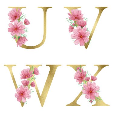 Yaz pembe çiçekleriyle suluboya Altın Çiçek Alfabesi. Çiçek Parıltısı harfleri. Düğün davetiyeleri, bebek partisi, süblimleşme tasarımı, doğum günü, diğer konsept fikirler.