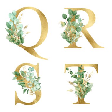 Altın rengi Alfabe Koleksiyonu yeşil ve altın okaliptüs dalları ve altın çizgili yapraklarla. Düğün davetiyeleri, bebek partisi, süblimleşme tasarımı, doğum günü, diğer konsept fikirler.