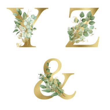 Altın rengi Alfabe Koleksiyonu yeşil ve altın okaliptüs dalları ve altın çizgili yapraklarla. Düğün davetiyeleri, bebek partisi, süblimleşme tasarımı, doğum günü, diğer konsept fikirler.