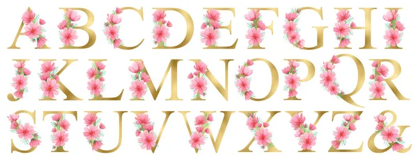 Akvarel Zlatá Květinová Abeceda Set Letní Růžové Květy Květinové Třpytivé — Stock fotografie