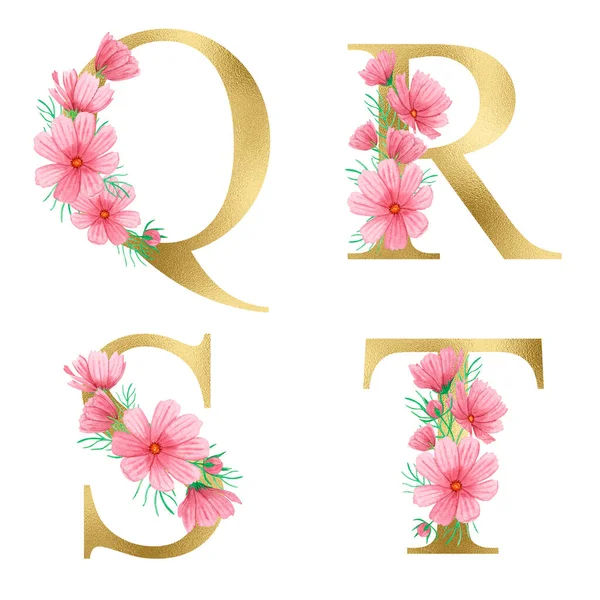 Download Watercolor Gold Floral Alphabet Set With Summer Pink Flowers Floral Glitter Letters Wedding Invitations Baby Shower Sublimation Design Birthday Other Concept Ideas 464135828 Larastock