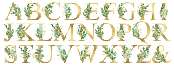 Watercolor Gold Floral Alphabet Set Collection Green Gold Eucalyptus Branch 스톡 사진