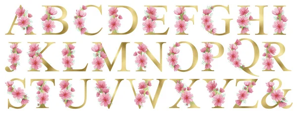 Aquarela Gold Floral Alphabet Set Com Flores Rosa Verão Letras Fotografias De Stock Royalty-Free
