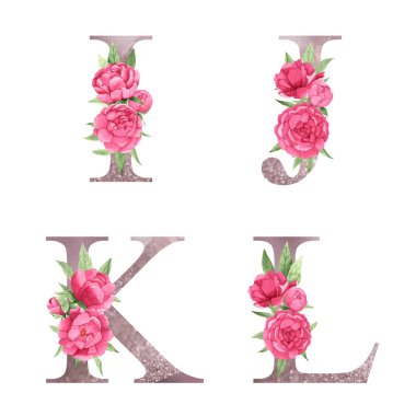 Parlak pembe şakayıklar ve yeşil yapraklarla suluboya gül sarısı alfabe seti. Parlak pembe harfler. Düğün davetiyeleri, bebek partisi, süblimleşme tasarımı, doğum günü, diğer konsept fikirler.