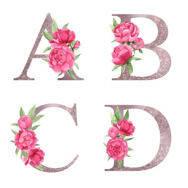 Parlak pembe şakayıklar ve yeşil yapraklarla suluboya gül sarısı alfabe seti. Parlak pembe harfler. Düğün davetiyeleri, bebek partisi, süblimleşme tasarımı, doğum günü, diğer konsept fikirler.