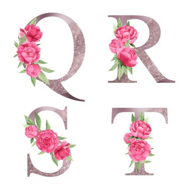 Parlak pembe şakayıklar ve yeşil yapraklarla suluboya gül sarısı alfabe seti. Parlak pembe harfler. Düğün davetiyeleri, bebek partisi, süblimleşme tasarımı, doğum günü, diğer konsept fikirler.