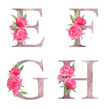 Parlak pembe şakayıklar ve yeşil yapraklarla suluboya gül sarısı alfabe seti. Parlak pembe harfler. Düğün davetiyeleri, bebek partisi, süblimleşme tasarımı, doğum günü, diğer konsept fikirler.