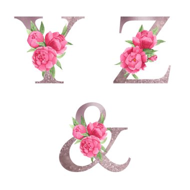 Parlak pembe şakayıklar ve yeşil yapraklarla suluboya gül sarısı alfabe seti. Parlak pembe harfler. Düğün davetiyeleri, bebek partisi, süblimleşme tasarımı, doğum günü, diğer konsept fikirler.