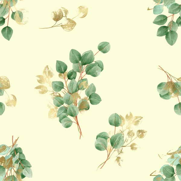 Akvarell Sömlös Mönster Med Eukalyptus Grenar Lätt Bakgrund Blad Grönska — Stockfoto