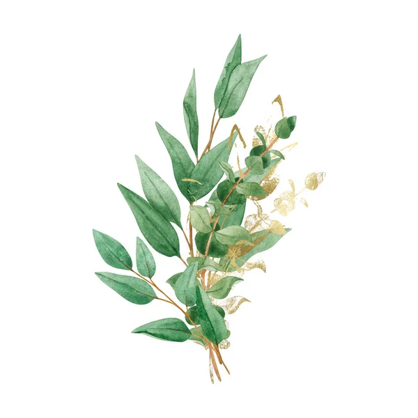 Watercolor Bouquet Green Gold Eucalyptus Branches Gold Line Art Leaves — Stock Photo, Image