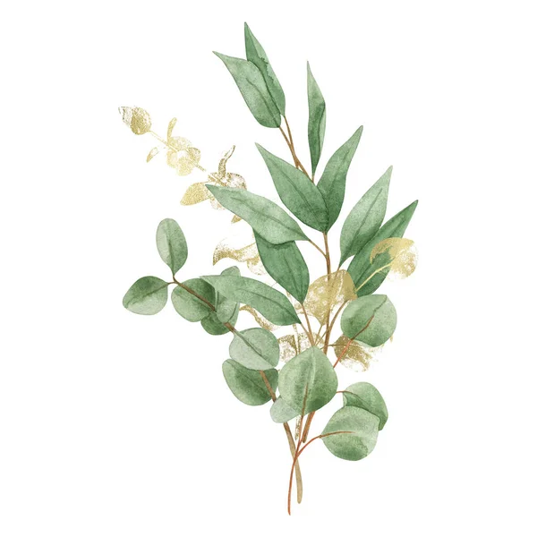 Bukiet Akwarelowy Zielonymi Złotymi Gałęziami Eukaliptusa Złotą Linią Liści Sztuki — Zdjęcie stockowe