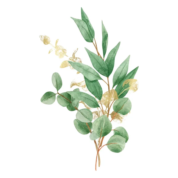 Aquarel Boeket Met Groene Gouden Eucalyptus Takken Gouden Lijn Kunstbladeren — Stockfoto