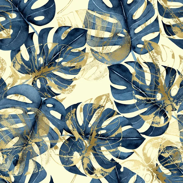 Watercolor seamless pattern with navy blue and golden tropical leaves on a light background, monstera, palm, banana leaf, hand-drawn. For textile, greeting card, wrapping paper, wedding invitations.