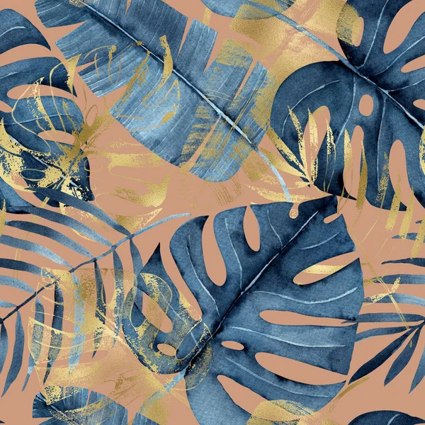 Padrão Sem Costura Aquarela Com Azul Marinho Dourado Folhas Tropicais Fotografias De Stock Royalty-Free