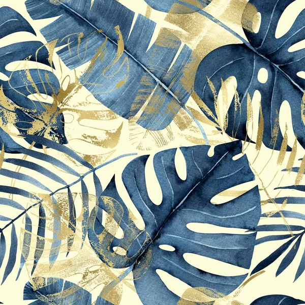 Padrão Sem Costura Aquarela Com Azul Marinho Dourado Folhas Tropicais Imagem De Stock
