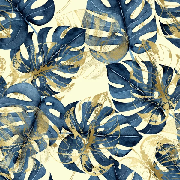 Padrão Sem Costura Aquarela Com Azul Marinho Dourado Folhas Tropicais Imagens Royalty-Free