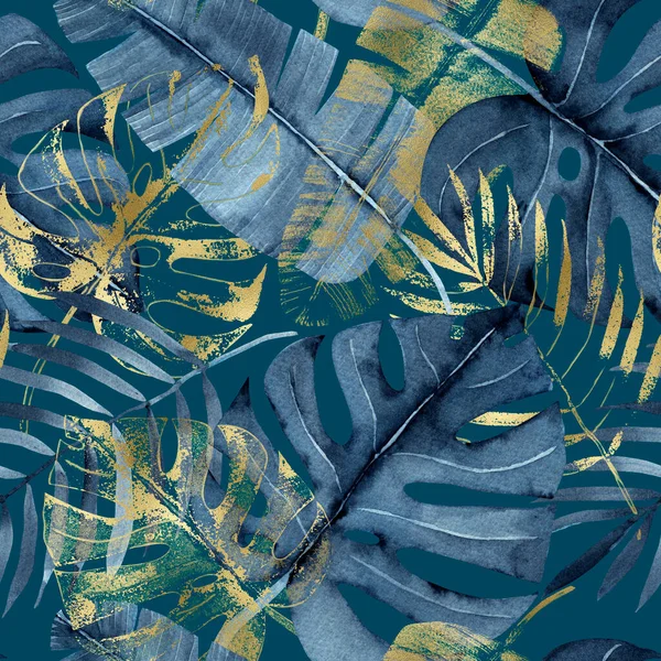 Padrão Sem Costura Aquarela Com Azul Marinho Dourado Folhas Tropicais Fotografias De Stock Royalty-Free