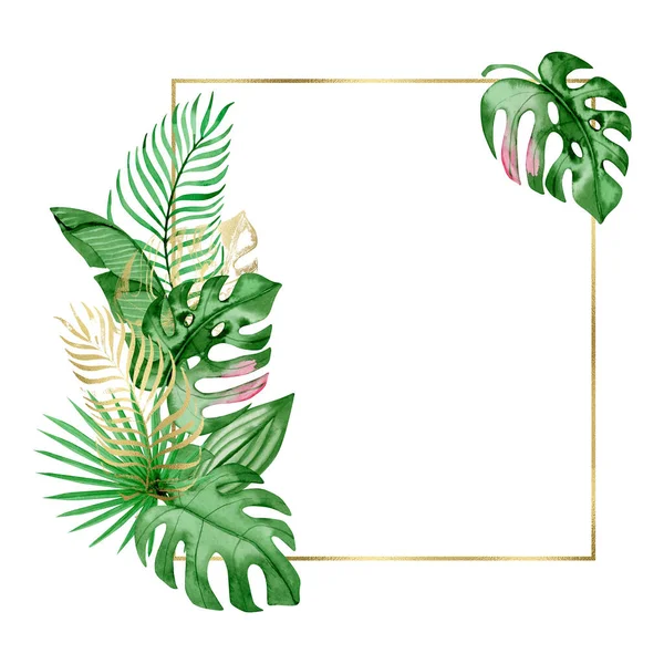 Aquarel Gouden Frame Met Groene Gouden Tropische Bladeren Geïsoleerd Een — Stockfoto