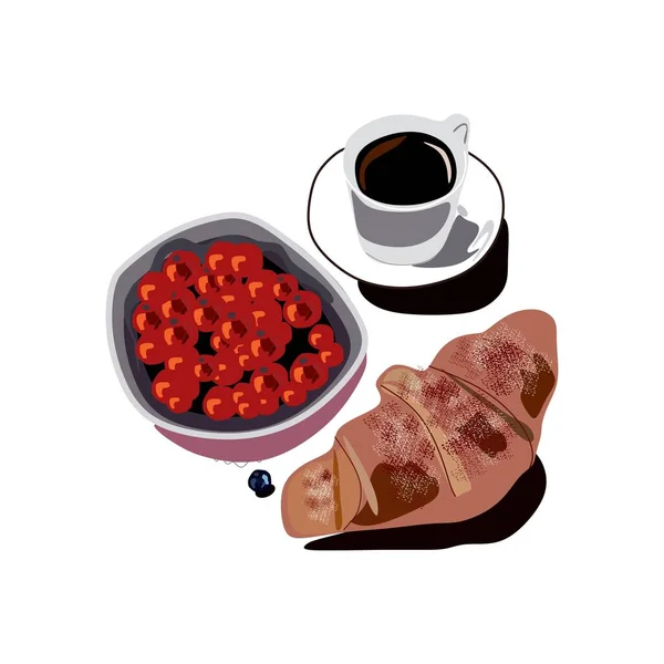 Значок Еды Завтрак Круассан Кофе Ягоды — стоковый вектор