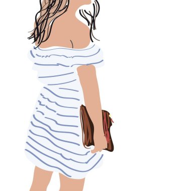 Yazlık elbiseli kız. Yaz retro çizgi film illüstrasyonu, moda tarzı