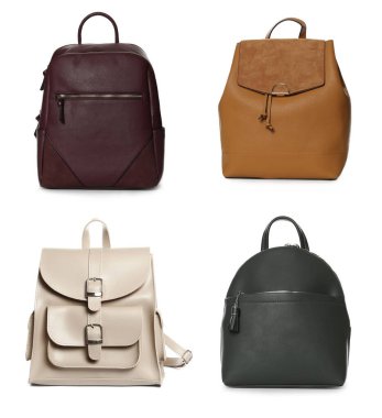 Beyaz arkaplanda farklı stil sırt çantaları koleksiyonu