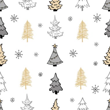 Beyaz arka planda izole edilmiş, kusursuz bir Noel şablonu. Noel süsü için mükemmel. Doodle tarzı ögeler.