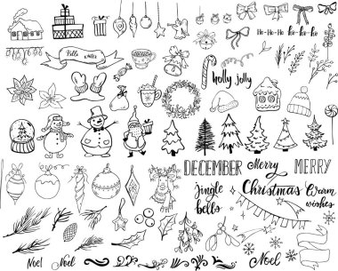 Beyaz arkaplanda karalama stili noel ögeleri izole.