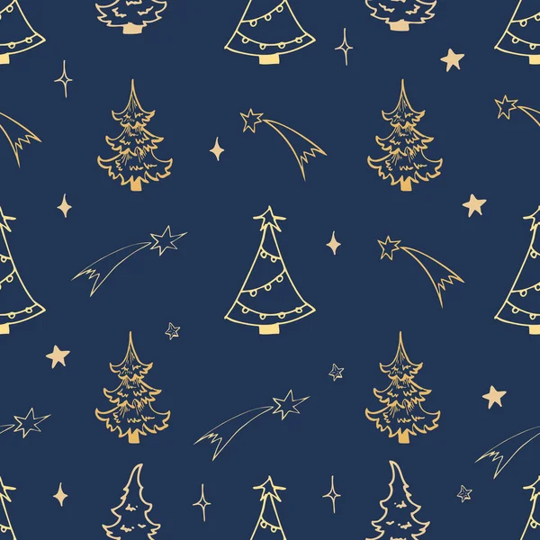 Doodle Стиль Рождество Бесшовный Узор Изолирован Темно Синем Фоне Перфект — стоковый вектор