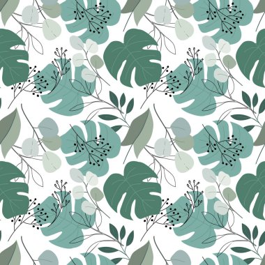 Okaliptüs ve tropikal yapraklar pürüzsüz desen. Vektör illüstrasyonu.