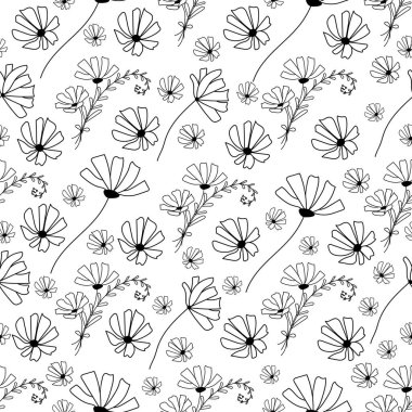 Doodle tarzı yabani çiçekler ve otlar. El yapımı elementler. Beyaz arka planda izole edilmiş bitkisel dikişsiz desen.